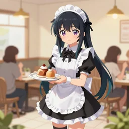 Cthulhu as a anime girl in a maid uniform serving customers in a cute cafe, trending on pixiv, konachan.com