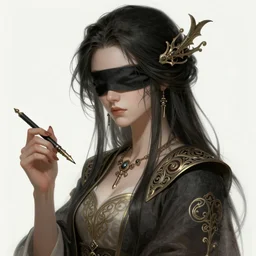 A full portrait of a beautiful terrible powerful dystopian blind scriber, intricate, elegant, highly detailed, digital painting, artstation, concept art, smooth, sharp focus, illustration, art by Krenz Cushart and Artem Demura and alphonse mucha