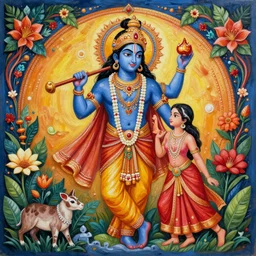 krishna mural art rasleela, ultra detailed, fine art painting, vibrant colours, hd