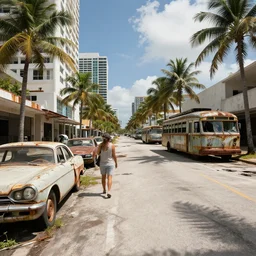i walk through dilapidated fallout 5 miami, tropical coastal city in real life, desolate, dilapidated, empty streets, some rusted retro futuristic vintage styled parked vehicles like cars, ( ( ( buses, trucks, trams ) ) ), sunny weather, few clouds, volumetric lighting, photorealistic, daytime, spring, sharp focus, ultra detailed, technicol