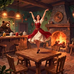 kate beckinsale dancing on top of table, in fantasy tavern near fireplace, behind bar deck with bear mugs, medieval dnd, colorfull digital fantasy art, 4k