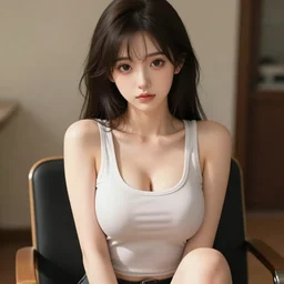 sexy girl wearing a low cut tanktop, sitting on a chair, artstyle : high definition anime and ilya kuvshinov
