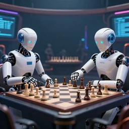 ai virtual robots playing multidimensional intellectual logic chess against each other in a cyberspace thunderdome. hyper detailed, 4 k hd image trending on artstation, featured on behance, well rendered, extra crisp, cinematic composition, beautiful lighting, depth of field