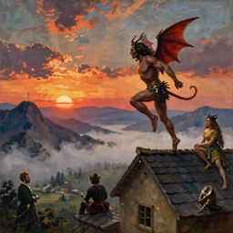 painting by mikalojus konstantinas ciurlionis, bosch, agnes pelton. devil jumping from roof to roof. sunset, fog, landscape with mountains
