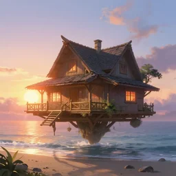 magical fantasy floating beach house at sunset, highly detailed, lens flare, bloom, fantasy, digital painting, concept art, matte, art by ruan jia and wlop and greg rutkowski and makoto shinkai, masterpiece