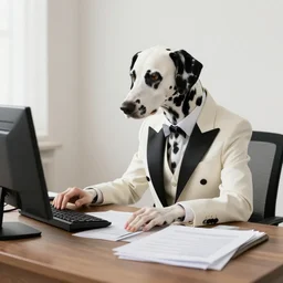 accountant dalmatian wearing an elegant suit checking his tabled