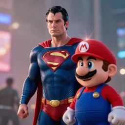 moviestill of man of steel with super mario super mario as superman, movie still, cinematic lighting, ray tracing, octane render, long lens, shallow depth of field, bokeh, anamorphic lens flare, 8 k, hyper detailed, 3 5 mm film grain