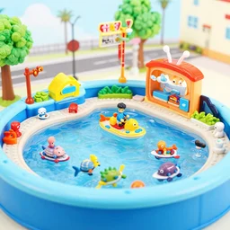 fisher price public pool, california scene from tv show hyper detailed 5 5 mm 8 5 mm, toy photography, made out of plastic