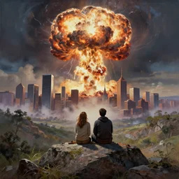 a couple sitting on top of a rock covered serene hillside watching a bright nuclear explosion nuclear explosion in a city with skyscrapers, a detailed photorealistic painting by jullian onderdonk, apocalyptic art, sharp focus, cgsociety, fantasy art, cinematic, artstation hq, vfxfriday, dystopian art