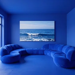 ultra wide photo the ultimate essence of blue, a residential interior that's completely a solid bright blue on every surface and every item, the ceiling is blue, the floor is blue, blue personified, thick overflowing paint and poofy blue couches, really really really blue. a large photograph on the wall is a picture of blue ocean waves. blue, blue, more blue, photorealistic, hyperreal