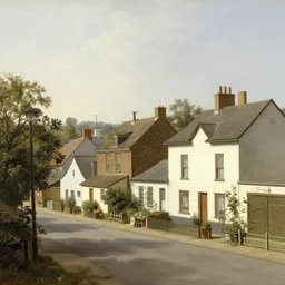 in the style of gerald brom, caravaggio, thomas cole, beautiful small town, houses and buildings, 1 8 0 0 s, cobblestone roads, warm light, mid day, trees, forest in the distance