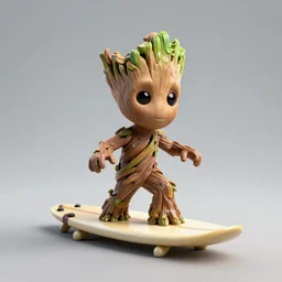 little Groot with one head is riding a surfboard shapes like a bar of purple soap, ball of cheese in left hand, cinematic angle, poster style