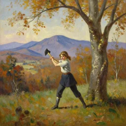 landscape portrait of a girl swinging an axe, swinging axe at a hickory tree, autumn mountains, original oil on canvas painting by william sydney mount, trending on artstation