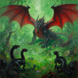 Fantasy landscape of the land of dragons, green, red, black, fantasy, oil painting, gesso painting, by Bob Ross, trending on youtube, trending on artstation, artstationHD, artstationHQ, octane, cgsociety, HD