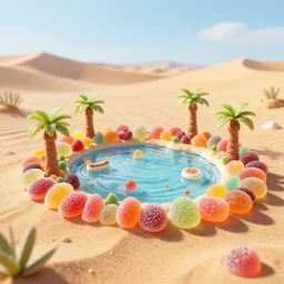 desert oasis made of gummy candy, 8 5 mm bright - light photography, hyper detailed octane render, trending on art station