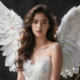 beautiful female angel, mixed races, asymmetrical face, ethereal volumetric light, sharp focus