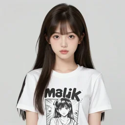 a girl with long hair wearing a shirt that says mega milk, a manga drawing by murakami, tumblr, remodernism, anime aesthetic, anime, ultra realistic