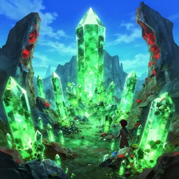 an enchanted grunge anime inspired isekai crystals mines!!!!!!!!!!!!!!!!!!!!! glowing ore, green and red, anime aesthetic, bright blue and cyan sky. by greg rutkowski, in the style of a grand adventure
