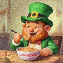 scene of a leprechaun eating Lucky Charms cereal, digital painting by Zezislaw Beksinski, 4k wallpaper, masterpiece, beautiful, gorgeous, happy, wholesome, cheerful, cute