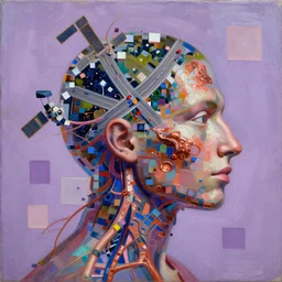 a beautiful abstract painting by peter vahlefeld of a glitched human nervous system mixed with a satellite view of highway intersections, color bleeding, pixel sorting, copper oxide material, brushstrokes by jeremy mann, studio lighting, pastel purple background, square shapes