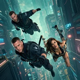 down angle view of cyberpunk navy seals falling into a cyberpunk city two males and one that looks like jessica alba detailed faces, realistic faces, photo realism