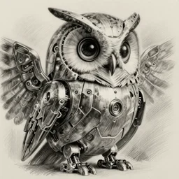 detailed pencil drawing of an mechanical owl, she has metallic wings, and the left_eye!! is the lens of a camera!!