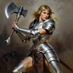 a frank frazetta oil painting of a beautiful muscular jessica biel wearing silver armor holding a large battle axe, dynamic shot, hd 4 k, intricate, highly detailed, atmospheric, sharp