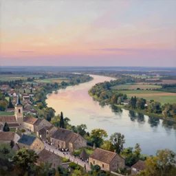 A beautiful painting of a river landscape at dawn view from above with a horizon line in the upper third by thomas kinkade and Philipp A. Urlich, Trending on artstation, a medieval village by John Howe and Jonathan Berube and Pengzhen Zhang, Trending on artstation
