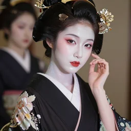 Geisha photo portrait, beautiful makeup, pearlescent skin, elegant pose, highly detailed kimono, photorealism, artstation, different point of view, sharp focus, photorealistic, soft diffuse lights, canon 5D 50 mm lens