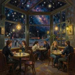 a beautiful painting of a large cozy cafe, stars and nebulas through the windows, moebius, thomas cole, patrick markle, moody lighting, oil on canvas, 8 k, 4 k, highly detailed