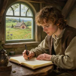 frodo writing in his journal in bag end at the end of his journey, hobbiton visible through a window, by alan lee, michal karcz, smooth details, lord of the rings, game of thrones, smooth, detailed terrain, oil painting, trending artstation, concept art, fantasy matte painting