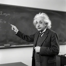 photograph of professor Einstein teaching in university, black and white, 4k