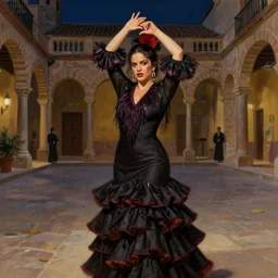 rosalia vila i tobella, the singer rosalia, highly detailed, spanish princess, flamenco dancer, highly detailed, digital painting, night scene, 1 8 th century barcelona courtyard, trending on artstation, concept art, sharp focus, illustration, art by artgerm and greg rutkowski and magali villeneuve