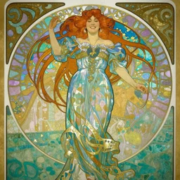 Alphonse Mucha, art nouveau, cardstock, pretty female Hayley Williams Paramore, smile, symmetrical, victorian blue dress, long red hair, full body action pose, gold green blue purple