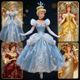 Character fashion spot illustrations of Cinderella and Beauty and the Beast crossover, colorful, full-body, bloom, dynamic poses, diaphanous cloth, intricate crystalline and feather jewelry, ornate, filigree, arcane, cinematic lighting, by Artgerm, by Alphonse Mucha, by Bouguereau, by Sakimichan, fantasy, portfolio illustration, highly detailed, trending on Artstation, CGsociety, HQ, 8k, 35mm lens, f2.8, Bokeh,