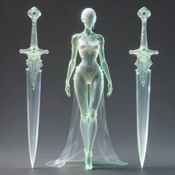 a full body character design by artgerm, greg rutkowski and alphonse mucha. sci - fi dagger. white and green translucent plastic tape project show attctive showgirl!! sci - fi helmet!! sharp edges. contour light effect!!. ultra detailed, elegant, intricate, octane render.