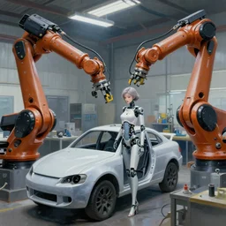 painting of the factory where ais get custom bodies made. huge robot arms assembling a dainty lady robot. painted an ai, realistic shaded lighting, artgerm.