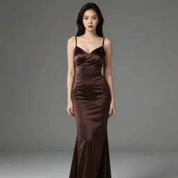 an asian woman wearing a beautiful evening gown made of dark chocolate. studio lighting, high quality, high resolution