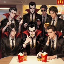 group of vampires chilling at mcdonalds, fine details by stanley artgerm lau, artgem, james jean, andrei riabovitchev, marc simonetti, and sakimichan, trending on artstation