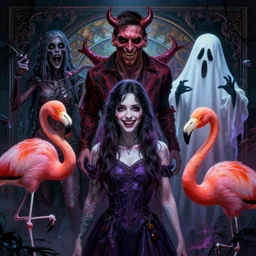 manifestation of the insanity of humanity. art of death walkers clow juan girl comic messi devil coscino tract flamingo blo glo streamer ghost halloween animal horror, happy, highly detailed, digital painting, cinematic, hyperrealism, dark retrowave, art by stanley lau and artgerm and magali villeneuve and alphonse mucha, artstation, octane render, cgsociety