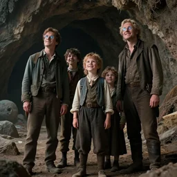sharp, highly detailed, film from a blockbuster sci fi 4 k color movie, set in 1 8 6 0, family standing outside a cave on a strange alien planet, looking happy, wearing 1 8 5 0 s era clothes, atmospheric lighting, in focus, reflective eyes, 3 5 mm macro lens, live action, nice composition, good photography