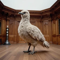 realistic photo portrait of the woman slowly morphing into a bird, hairy fur fluffy feathers with sparkles, in the spacious wooden polished and fancy expensive wooden room interior with tesla coil, neutral colors, gray sky 1 9 9 0, life magazine reportage photo