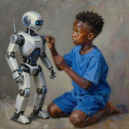 a realistic painting of an african kid playing with futuristic robots cyberpunk and afrofuturist blue clothes, highly detailed, afrofuturist, cyberpunk, photorealistic, in the style of norman rockwell
