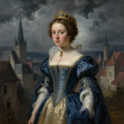 portrait of an princess, painting by michael wellen, john stephens, in a medieval city, tone mapping, stormy weather, tempest, trending on artstation