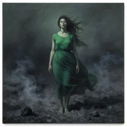by antonio donghi, by cerith wyn evans electric green offhand, monumental. a painting of a woman standing in a field of ashes, her dress billowing in the wind. her hair is wild & her eyes are closed, in a trance - like state. dark & atmospheric, ashes seem to be alive, swirling around.