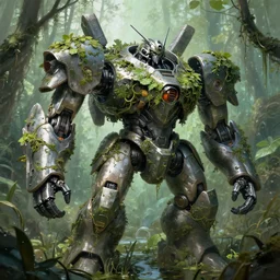 giant metallic mech robot in the middle of a swamp, covered in many leaves and vines, digital painting, art