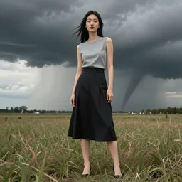 fashion editorial in front of tornado storm on a field.