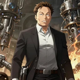 Elon musk in attack on titan, steam punk anime theme 4k beautiful anime visuals intense action anime