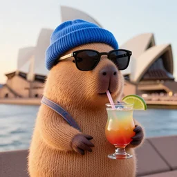 a photorealistic photograph of a knitted cute Capybara wearing sunglasses and dressed in a blue beanie cap. The subject is also sipping a refreshing Mai Tai cocktail drink while standing outside of the Sydney Opera House during sunset. This 4K HD image is Trending on Artstation, featured on Behance, well-rendered, extra crisp, features intricate detail and the style of Unreal Engine.