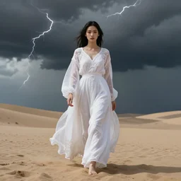 a wonderful symmetrical goddes with a beautiful face dressed with a long white semi transparent and ornate cotton dress is walking in a sand, behind here there is a storm, one flash on top, one flash in front of her, artstation, octane render 8 k